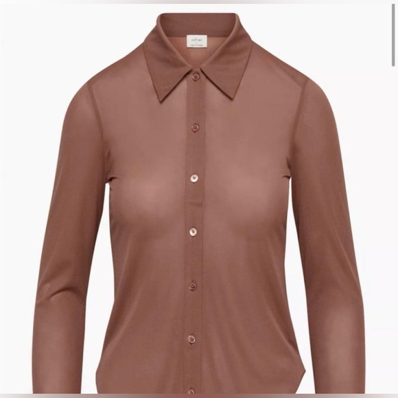 Aritzia Wilfred Pose Sheer Button Up Long Sleeve In Brown Size S - Picture 1 of 13